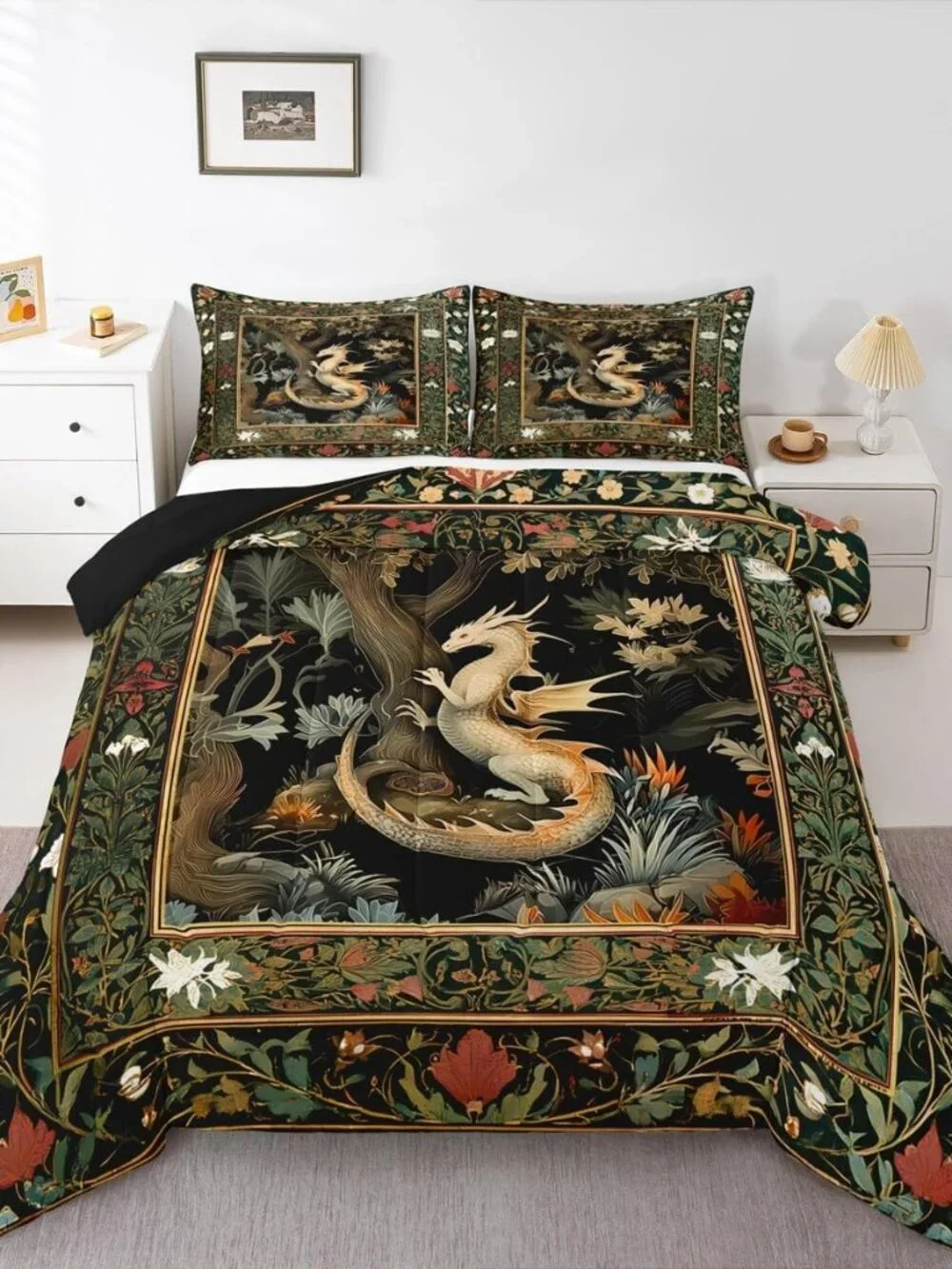 Western Dragon Comforter Set for Kids Country Style Flowers Leaves Bedding Set T